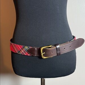 Red Tartan Plaid, Leather & Brass Belt SZ 36